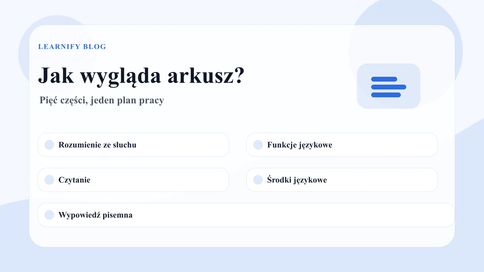 Schemat arkusza egzaminu ósmoklasisty z języka angielskiego z pięcioma częściami
