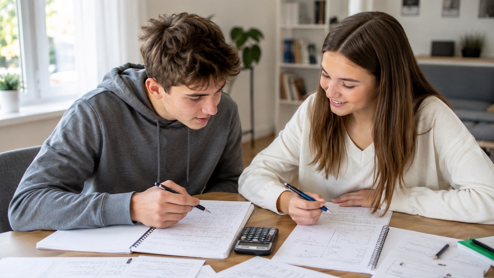 Dwoje uczniów rozwiązujących zadania z matematyki podczas wspólnej nauki