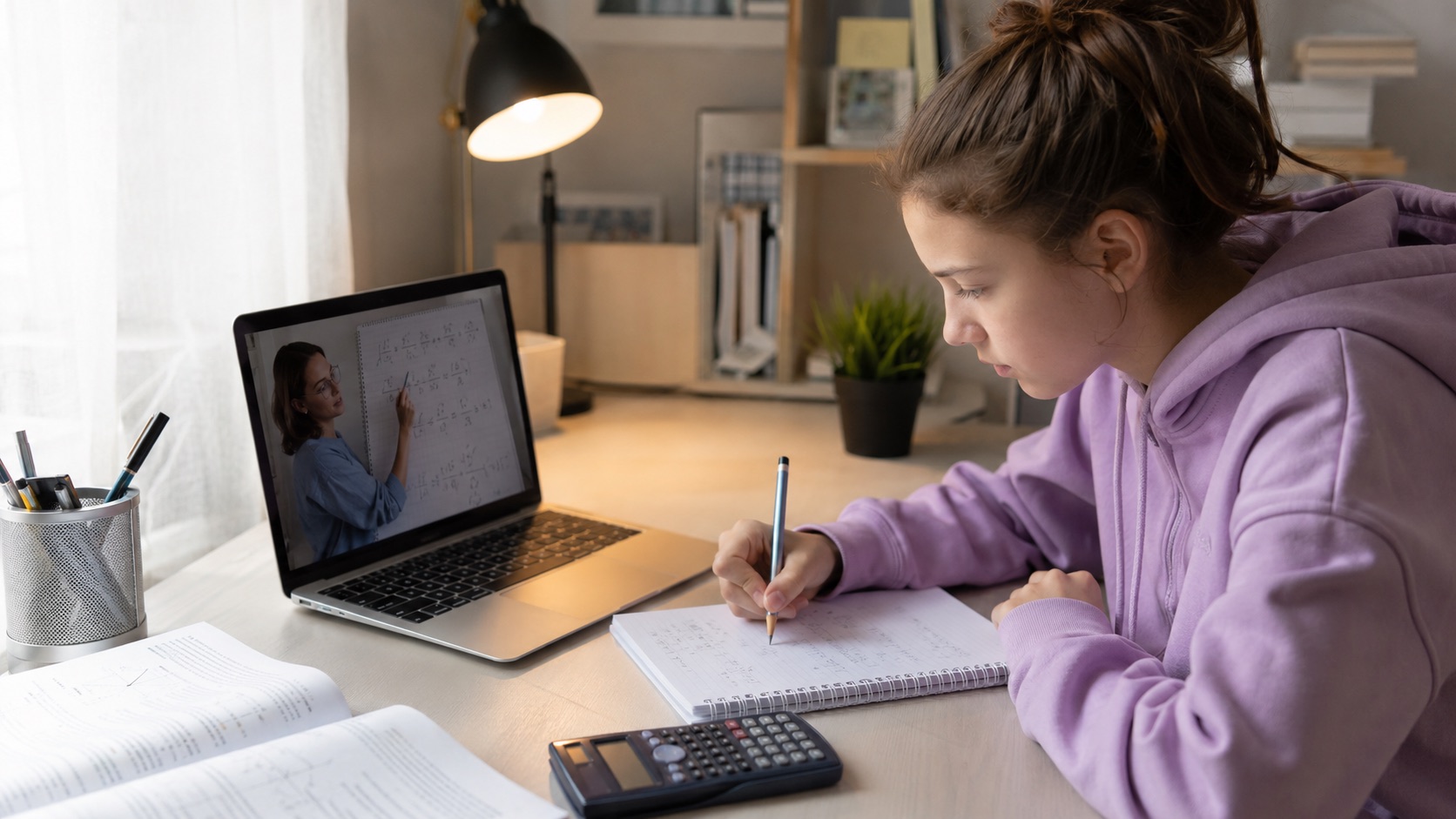 Uczennica ucząca się matematyki online z korepetytorką na laptopie