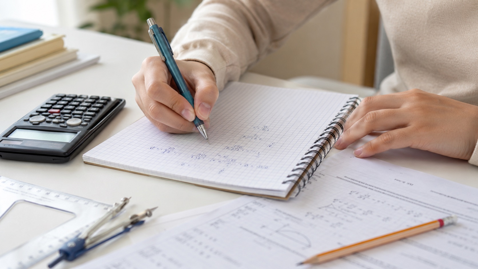 Uczeń zapisujący rozwiązanie zadania z matematyki rozszerzonej w zeszycie